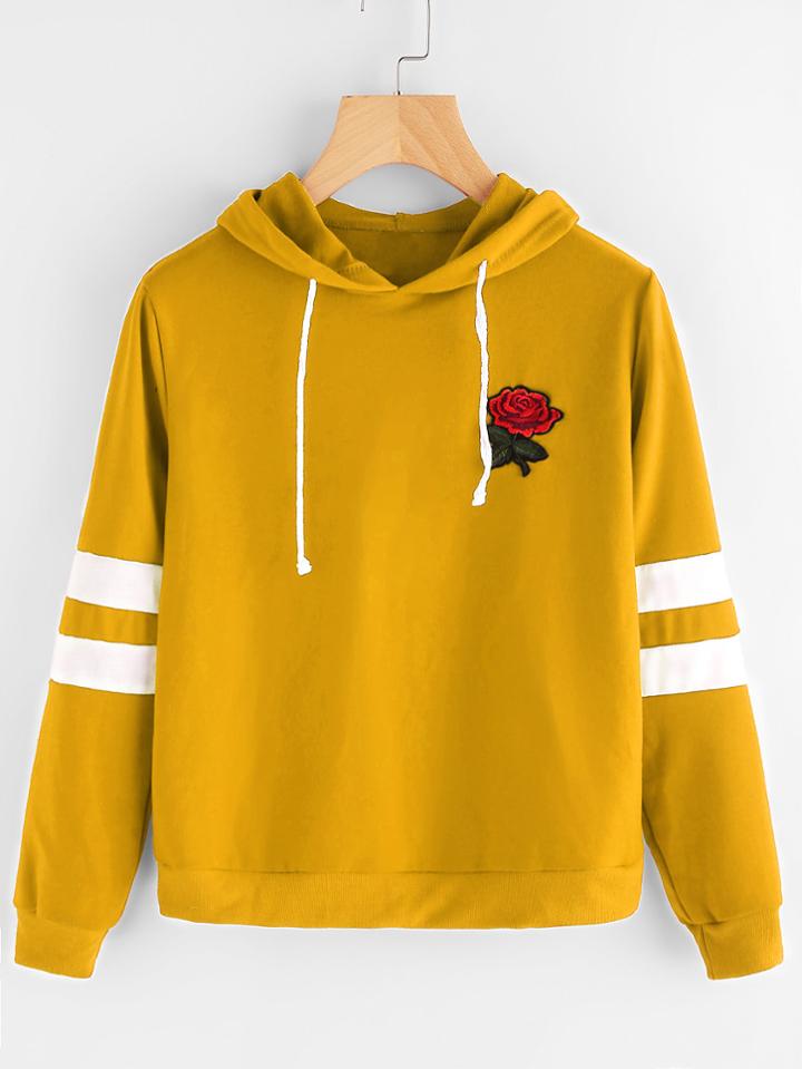 Romwe Rose Patch Stripe Sleeve Drawstring Hoodie