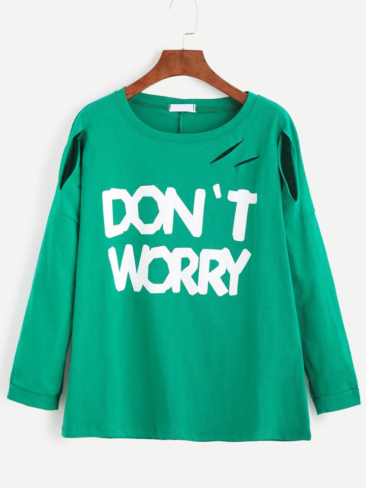 Romwe Green Letter Print Drop Shoulder Distressed T-shirt