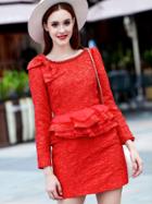 Romwe Red Round Neck Long Sleeve Bow Ruffle Jacquard Dress