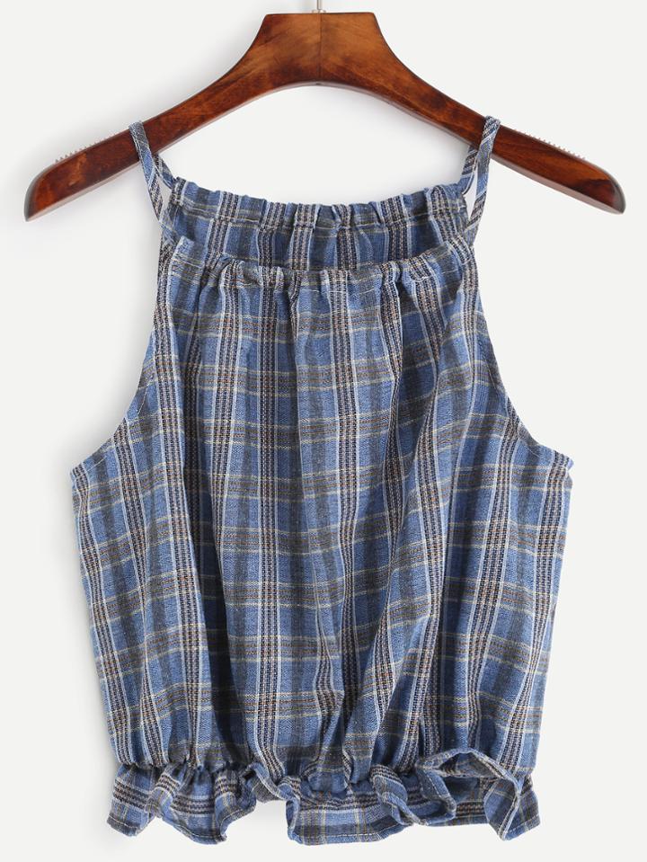 Romwe Blue Plaid Ruffled Cami Top