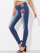 Romwe Rose Applique Ripped Fray Hem Jeans