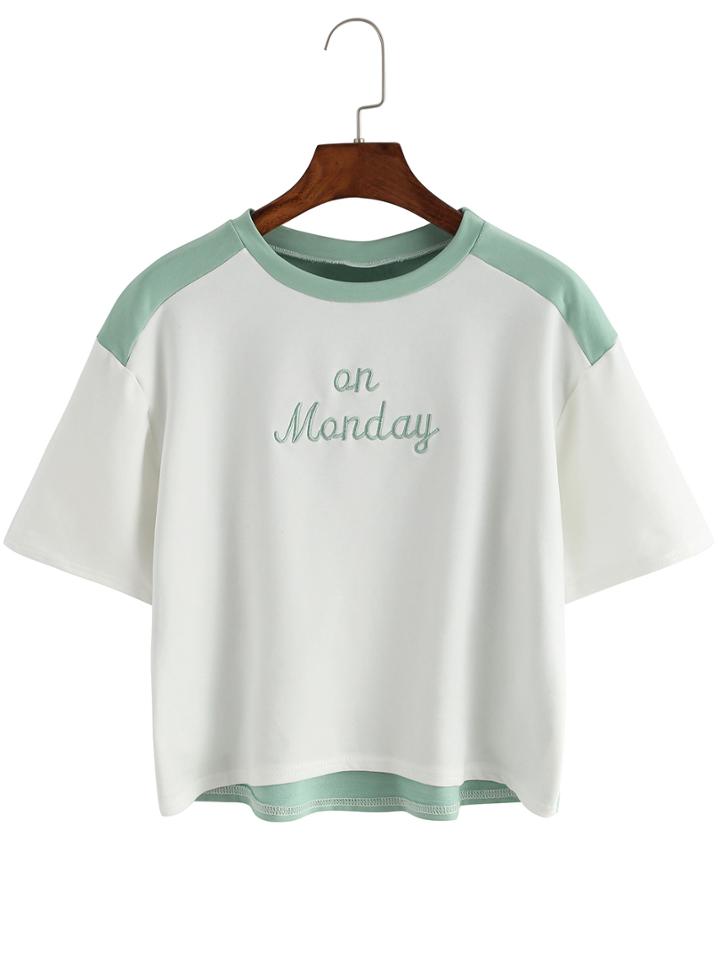 Romwe Contrast Letters Embroidered Green T-shirt
