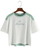 Romwe Contrast Letters Embroidered Green T-shirt