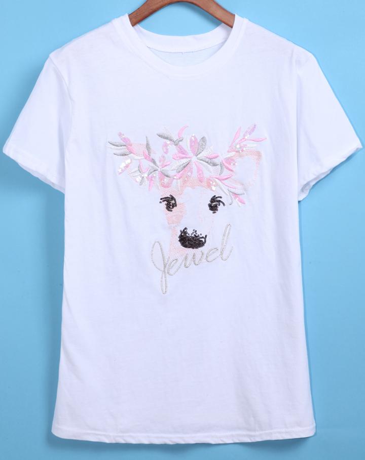 Romwe With Bead Deer Embroidered White T-shirt