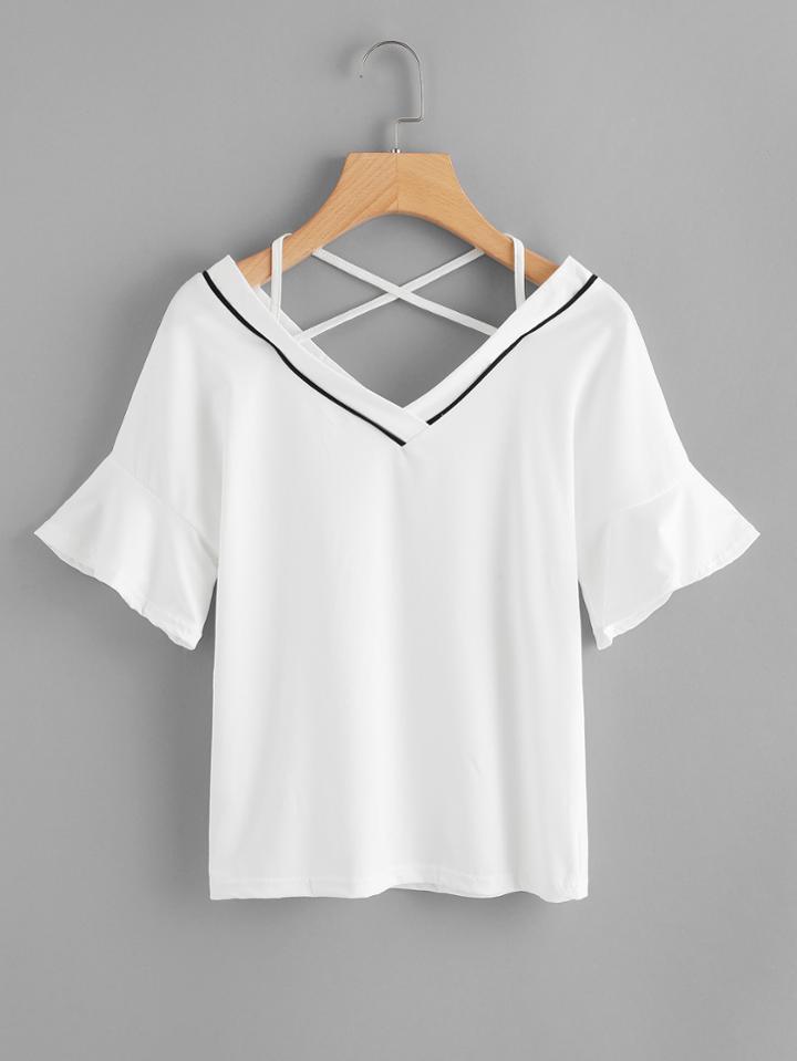 Romwe Fluted Sleeve Criss Cross Back Tee