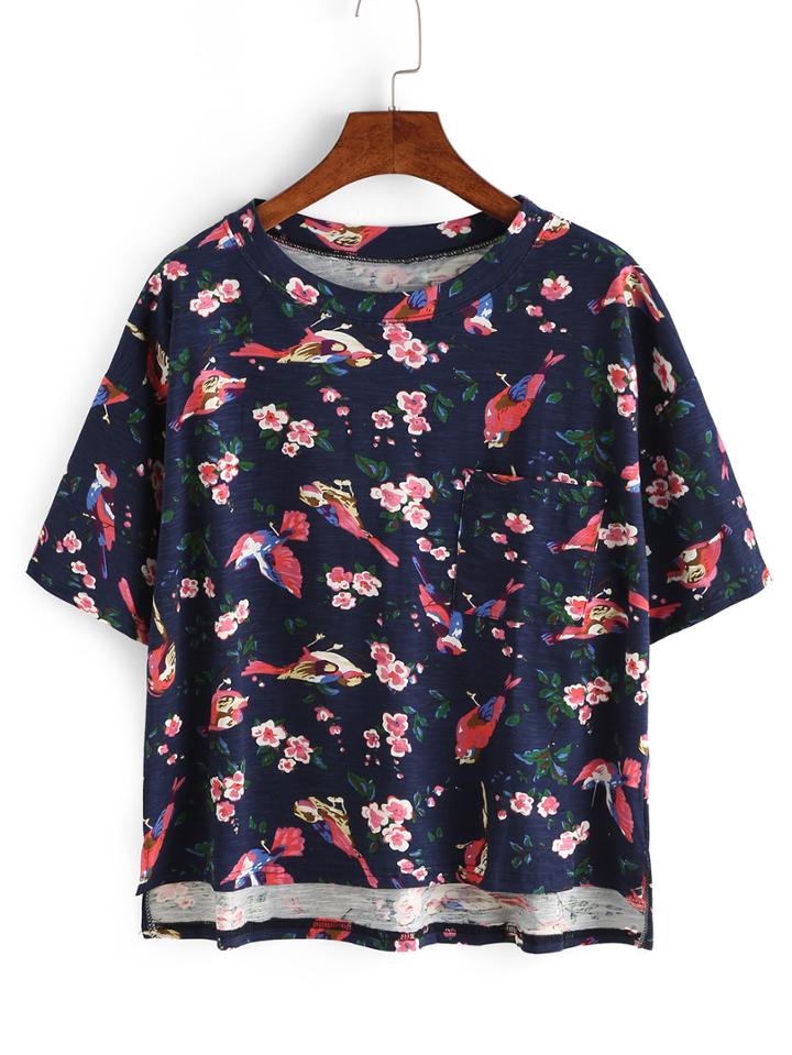 Romwe Allover Flower Bird Print Pocket T-shirt - Blue