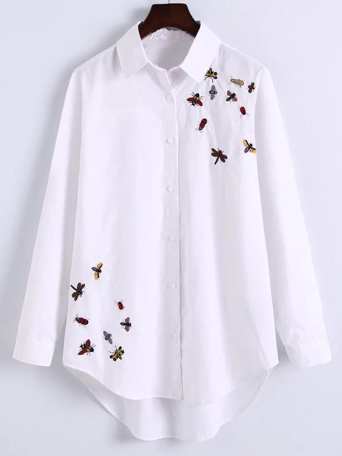 Romwe White Curved Hem Embroidered High Low Blouse