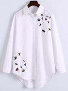 Romwe White Curved Hem Embroidered High Low Blouse