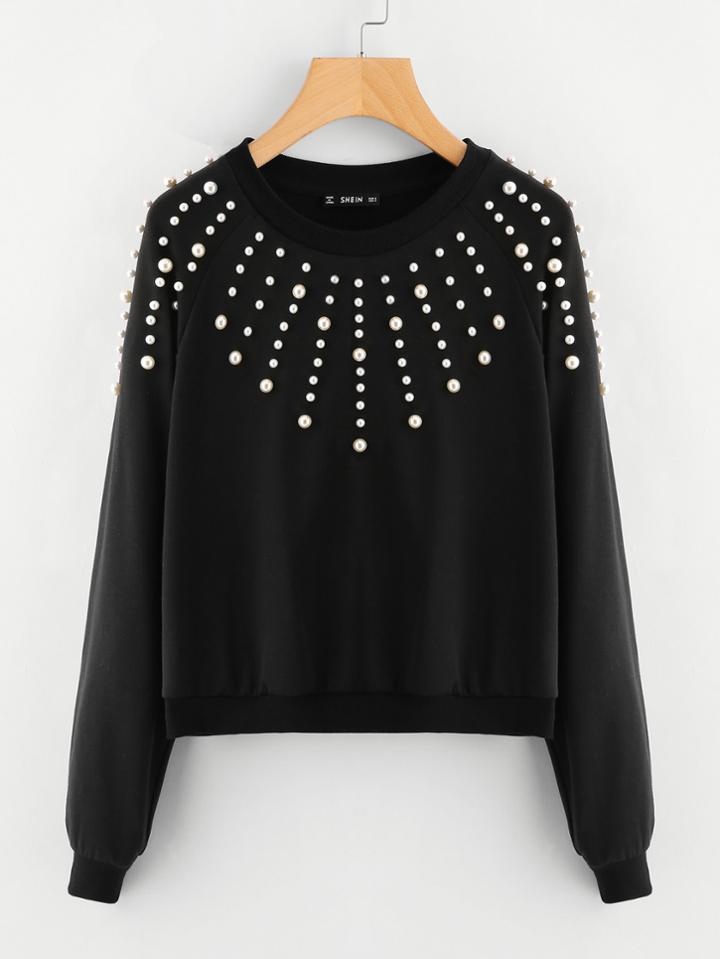 Romwe Pearl Embellished Raglan Sleeve Sweatshirt