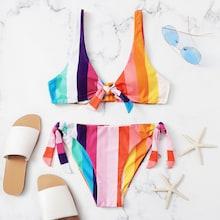 Romwe Striped Knot Front Top With Tie Side Bikini