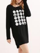 Romwe Black Emoji Print Ruched Side Tee Dress
