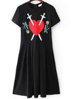 Romwe Black Short Sleeve Heart Embroidered Dress