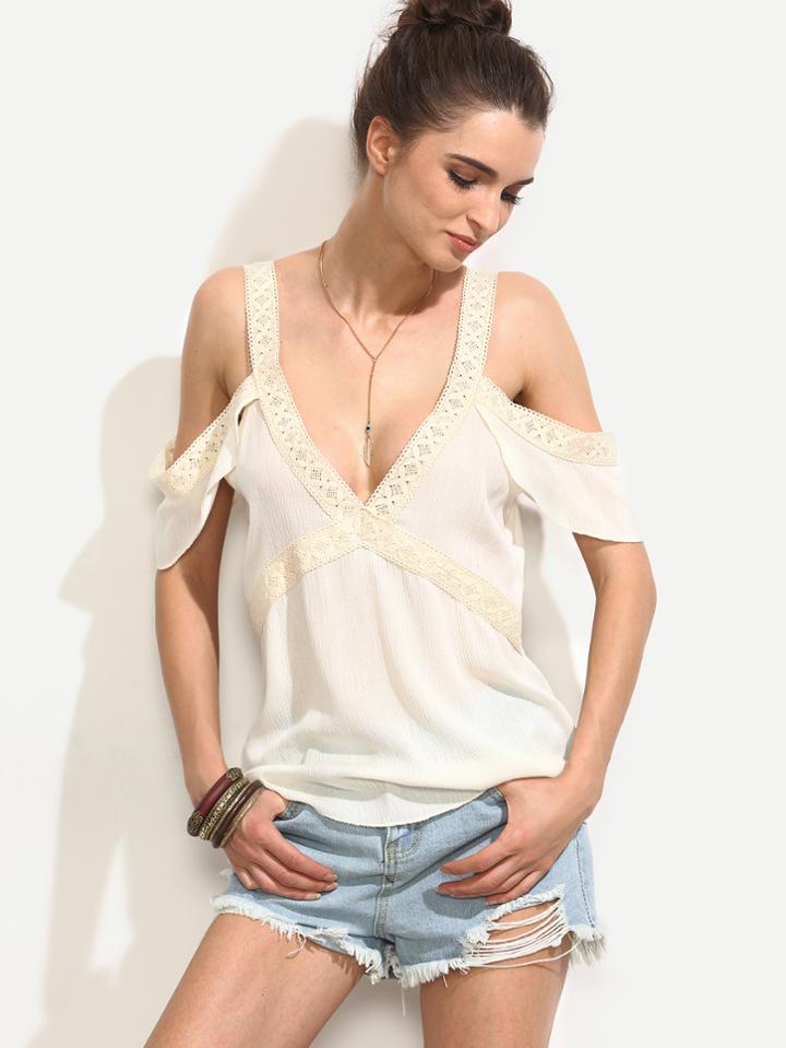 Romwe White V Neck Cold Shoulder Crochet Trim Blouse