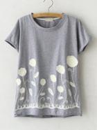 Romwe Grey Round Neck Dandelion Embroidery T-shirt