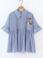 Romwe Blue Embroidered Contrast Striped Ruffle Blouse