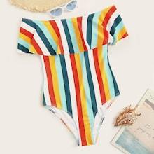 Romwe Striped Flounce One Piece Swimsuit