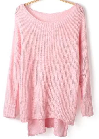 Romwe Pink Dip Hem Loose Knit Sweater