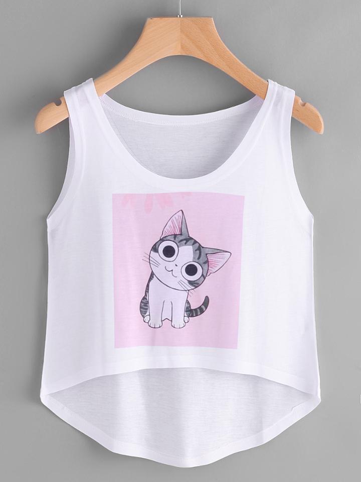 Romwe Cat Print Dip Hem Tank Top