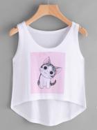 Romwe Cat Print Dip Hem Tank Top