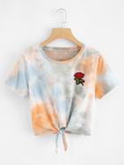 Romwe Flower Embroidered Tie Dye Knot Front Tee