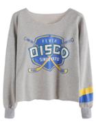 Romwe Grey Printed Sleeve Striped Drop Shoulder Sweatshirt
