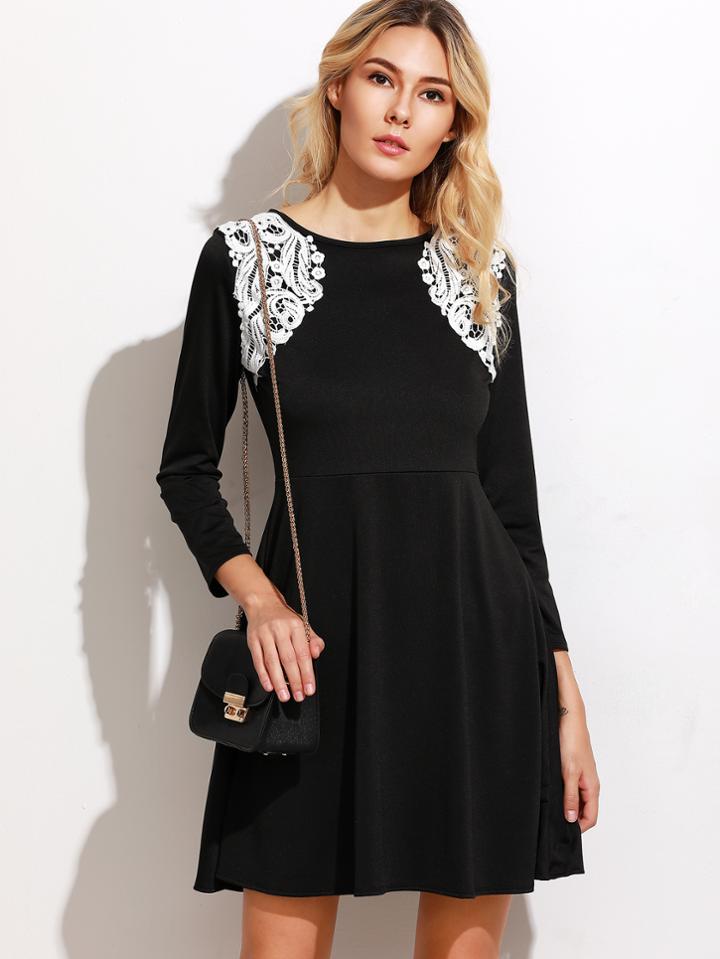Romwe Contrast Crochet Trim A-line Dress