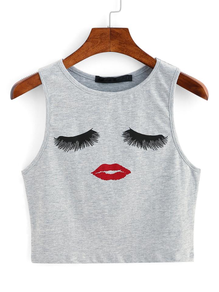 Romwe Grey Smiley Face Print Crop Tank Top