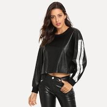 Romwe Striped Tape Pu Sweatshirt