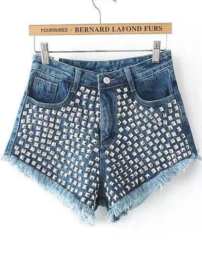 Romwe Blue Rivet Tassel Denim Shorts