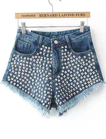 Romwe Blue Rivet Tassel Denim Shorts