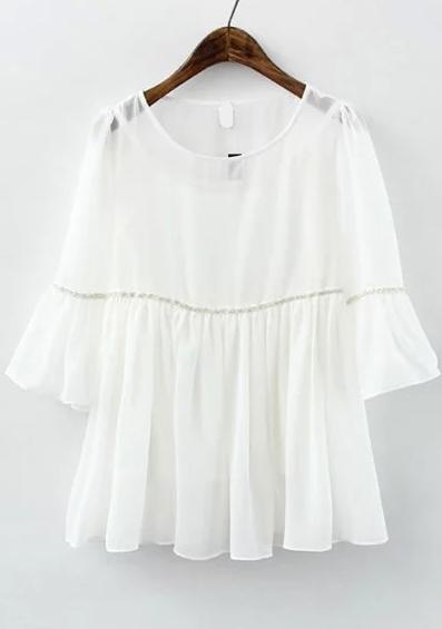 Romwe Ruffle Sleeve Chiffon White Top