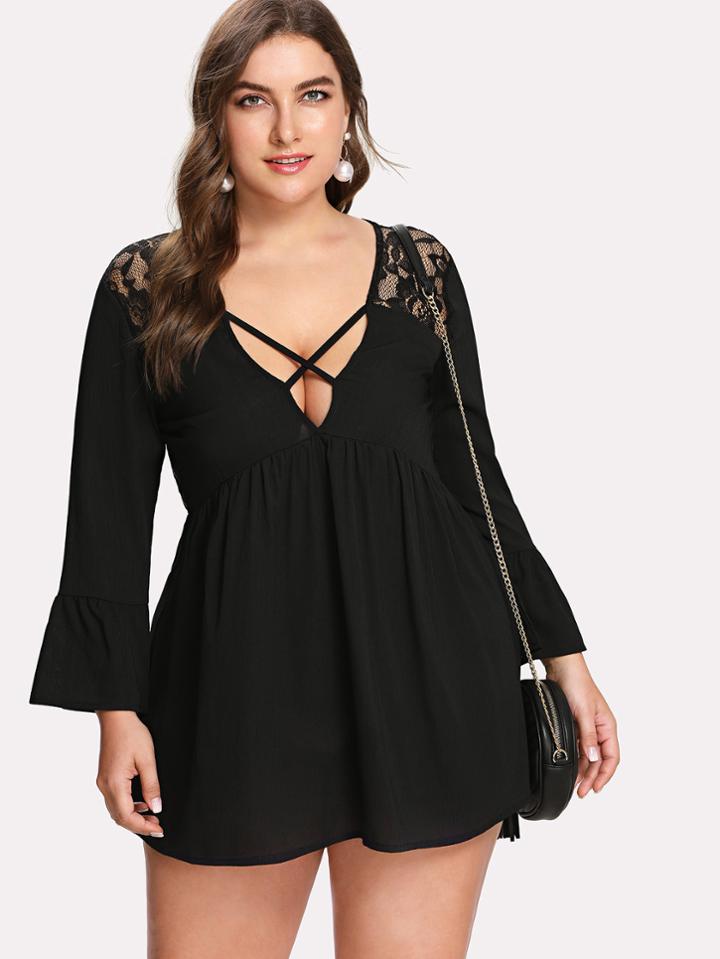 Romwe Criss Cross Front Lace Contrast Dress