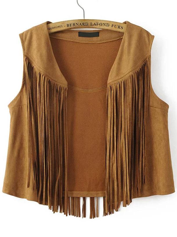 Romwe Brown Fringe Overlay Suede Vest