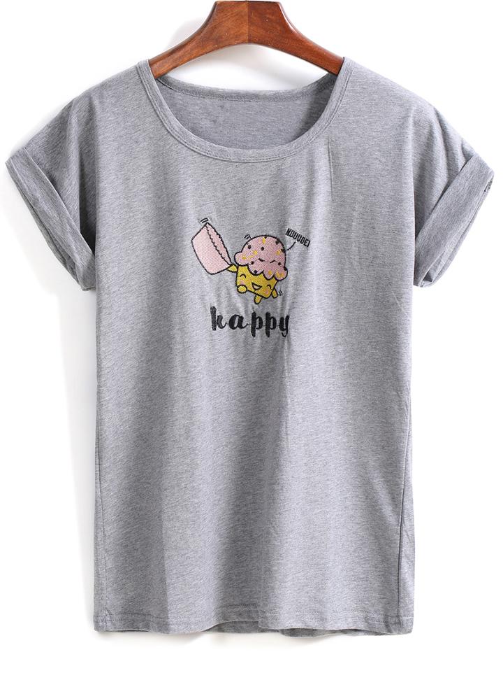 Romwe Letters Embroidered Cuffed T-shirt