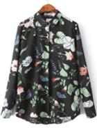 Romwe Black Buttons Lapel Dip Hem Florals Blouse