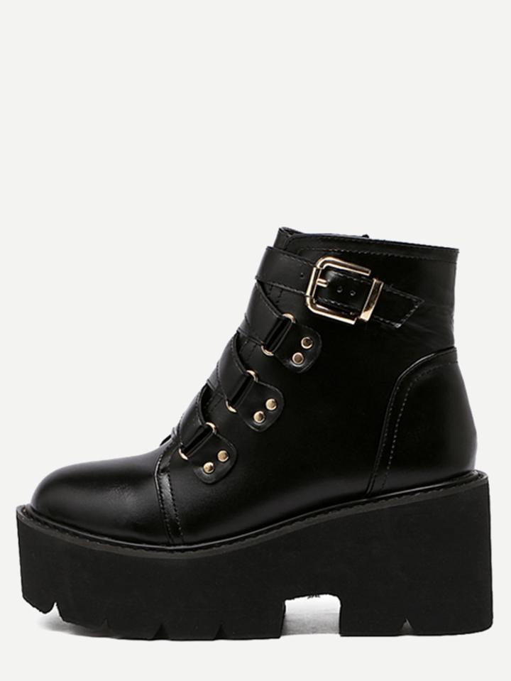 Romwe Black Pu Buckle Strap Platform Ankle Boots