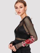 Romwe Embroidered Rose Patch Fishnet Top