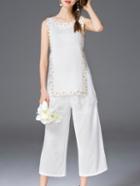 Romwe White Contrast Lace Beading Top With Pants