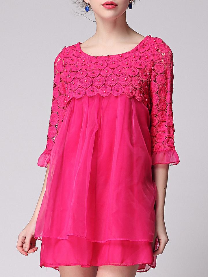 Romwe Rose Red Length Sleeve Crochet Beading Contrast Gauze Dress