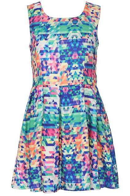 Romwe Triangular Print Blue Sleeveless Dress