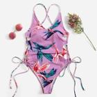 Romwe Random Flower Print Lace-up Swimsuit