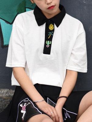 Romwe Embroidery Contrast Collar Polo T-shirt - White