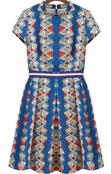 Romwe Stand Collar Geometric Print A-line Blue Dress