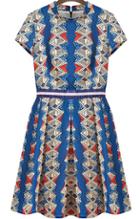 Romwe Stand Collar Geometric Print A-line Blue Dress