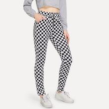 Romwe Checkered Zip Decoration Pants