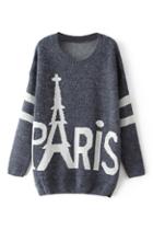 Romwe Paris Knitted Navy Blue Jumper