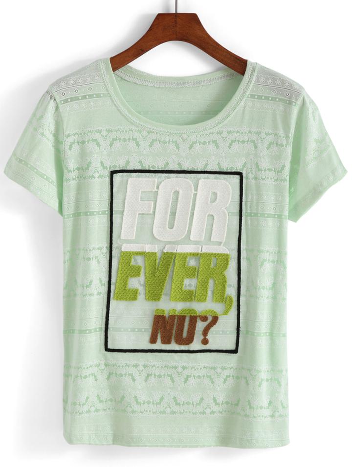 Romwe Letter Embroidered Green T-shirt