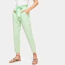 Romwe Vertical Striped Self Tie Paperbag Waist Pants