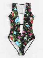 Romwe Deep V Plunge Floral Swimsuit