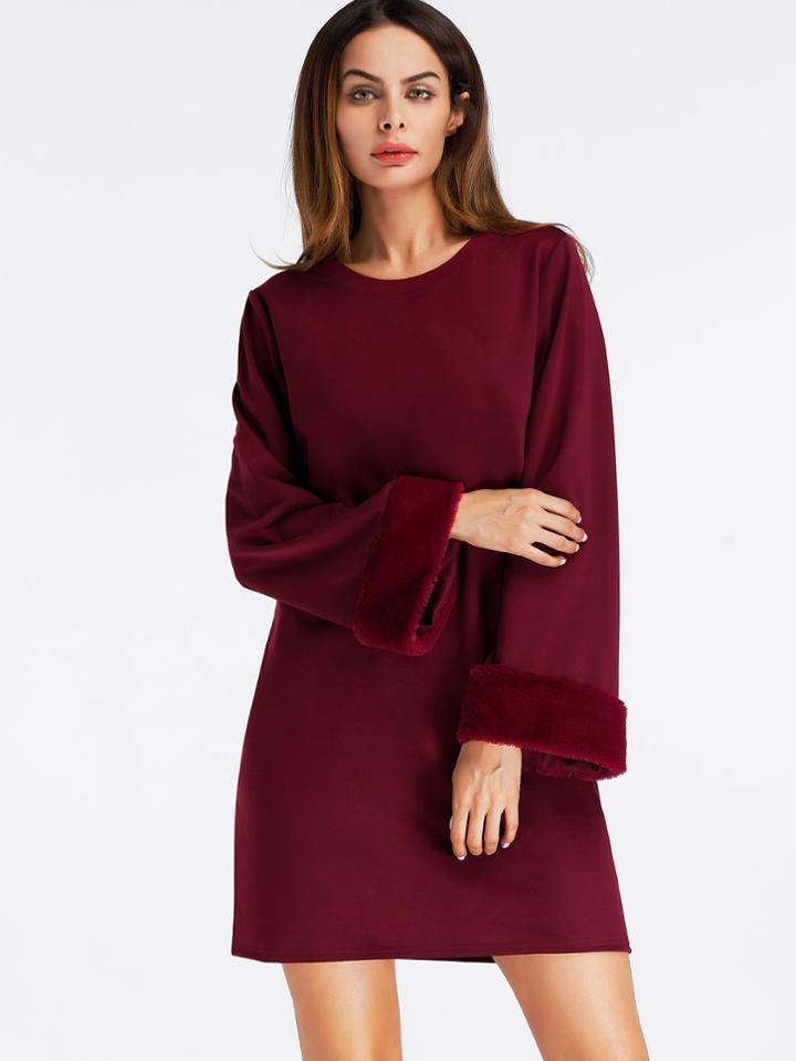 Romwe Faux Fur Cuff Shift Dress